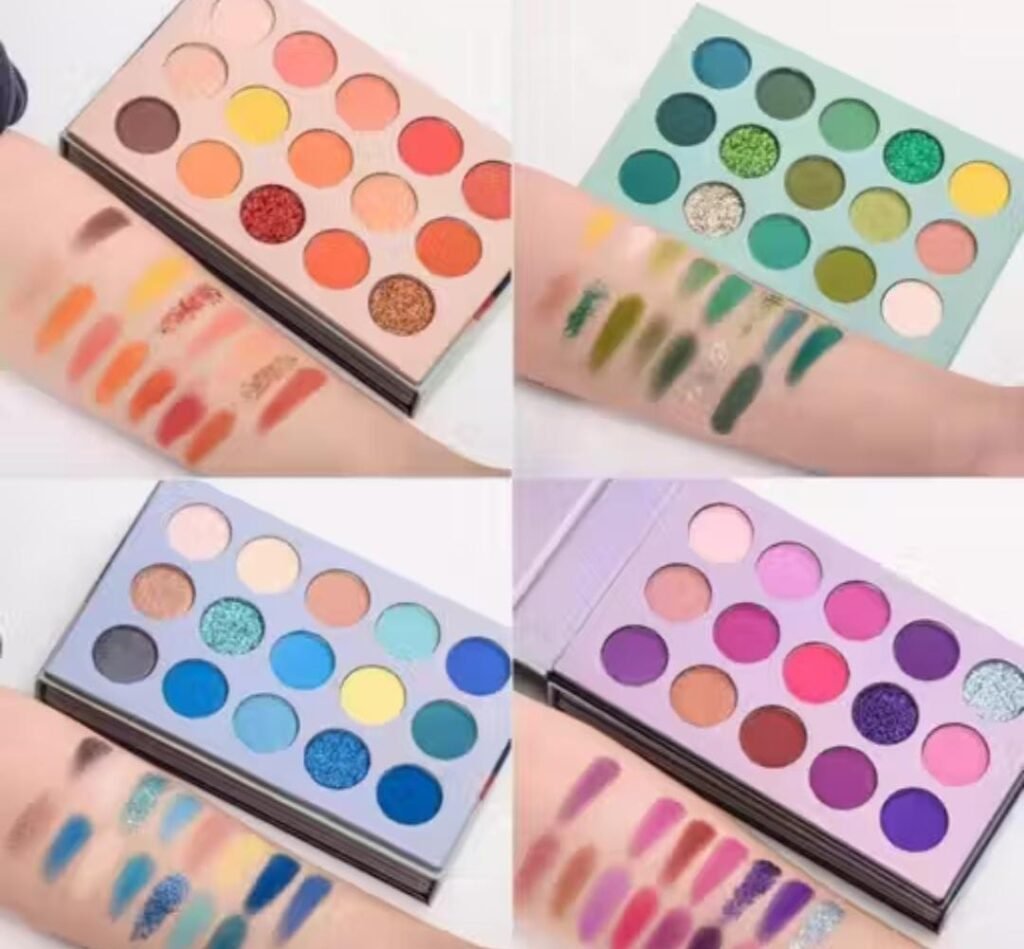 Minara Beauty eyeshadow palette – four swatch views showing pigment, texture, and shade variety