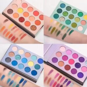 Minara Beauty eyeshadow palette – four swatch views showing pigment, texture, and shade variety