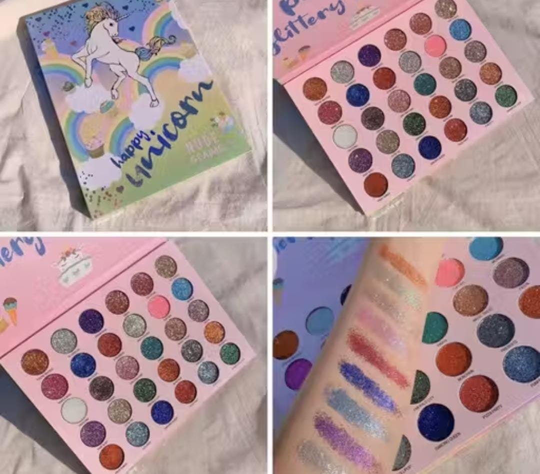 Huda Girl eyeshadow palette shown from 4 different angles – packaging and shade layout