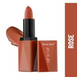 Seven Seas Lipstick – alternate angle showing bullet design and packaging details in Rose shade