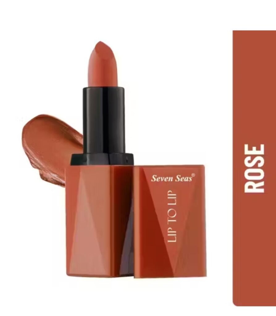 Seven Seas Lipstick – alternate angle showing bullet design and packaging details in Rose shade