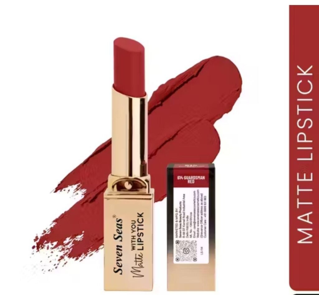 Seven Seas HD Intense Matte Lipstick – Shade Guardsman Red with rich pigment and non-transfer matte finish