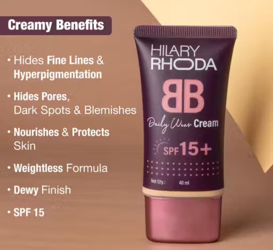 Hilary Rhoda BB Cream – hides fine lines, hyperpigmentation, pores, blemishes, nourishes skin, lightweight, dewy finish, SPF 15