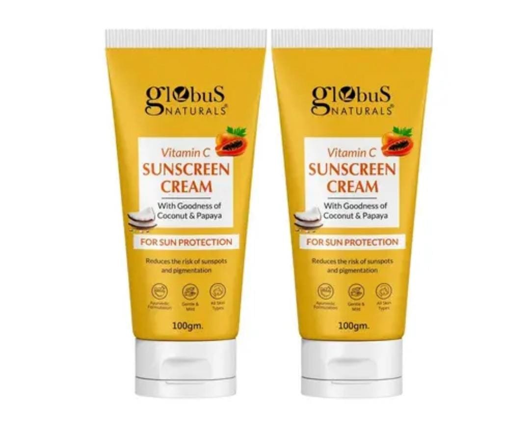 Globus Naturals Vitamin C Sunscreen Cream | With Coconut & Papaya | Sun Protection for All Skin Types | 100gm × 2 Pack