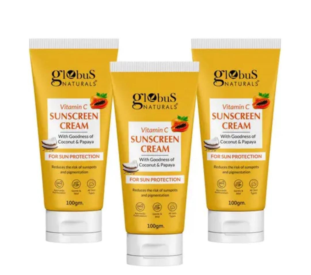 Globus Naturals Vitamin C Sunscreen Cream | With Coconut & Papaya | Sun Protection for All Skin Types | 100gm × 3 Pack
