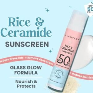 Glamveda Glass Skin Rice & Ceramide Sunscreen SPF 50 PA+++ | No White Cast | Water & Sweat Proof | 100gm Single Pack