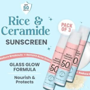 Glamveda Glass Skin Rice & Ceramide Sunscreen SPF 50 PA+++ | No White Cast | Water & Sweat Proof | Pack of 3 × 100gm