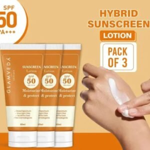 Glamveda Hybrid Sunscreen Lotion SPF 50 PA+++ | Moisturizing, Water & Sweat Resistant | Pack of 3 × 100ml | Professional Ultra Soothing & Mattifying Sunscreen