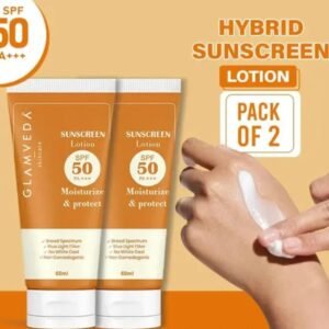 Glamveda Hybrid Sunscreen Lotion SPF 50 PA+++ | Moisturizing, Water & Sweat Resistant | Pack of 2 × 100ml | Professional Ultra Soothing & Mattifying Sunscreen