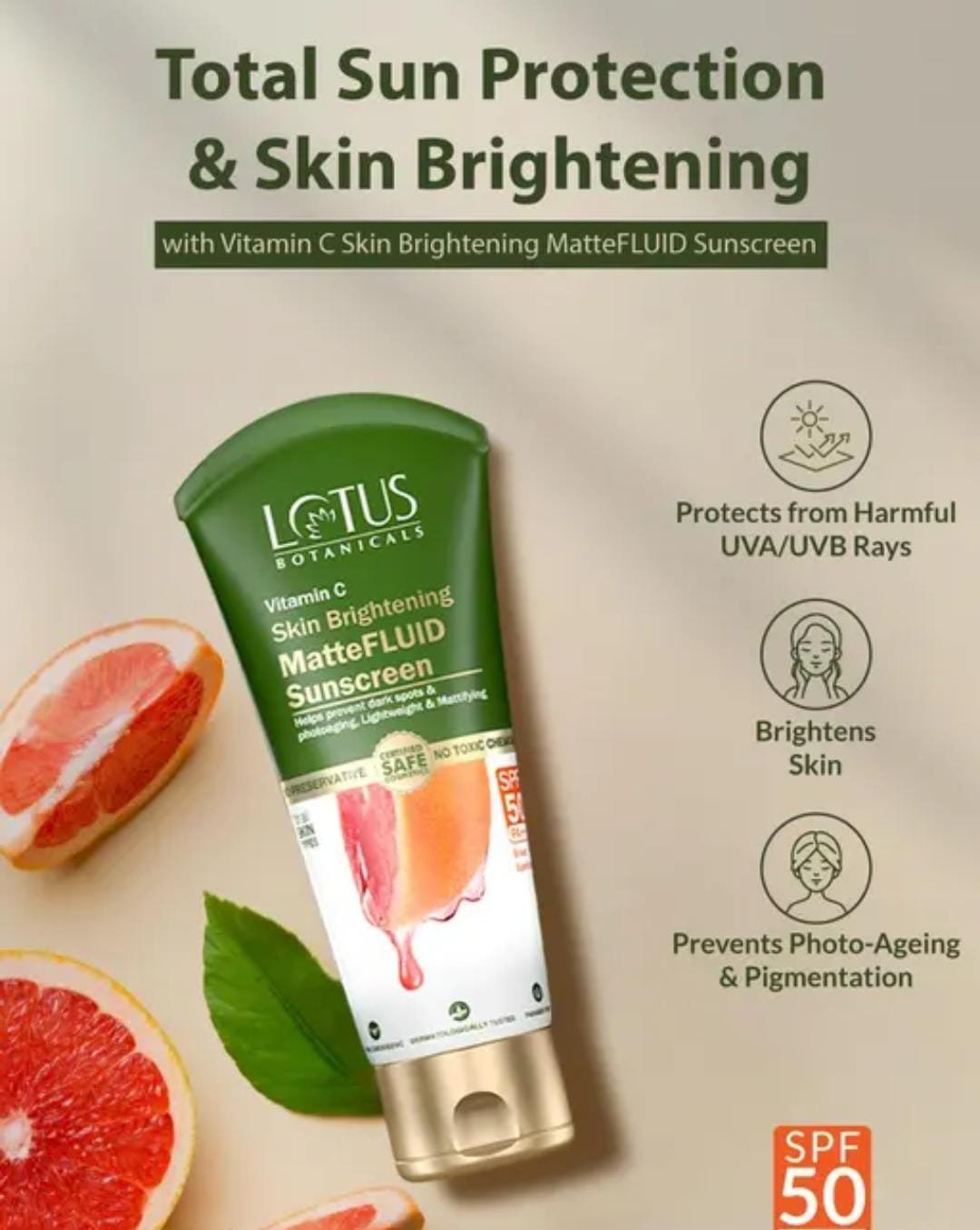 Lotus Botanicals Vitamin C Matte Fluid Sunscreen SPF 50 PA+++ | Sun Protection & Skin Brightening | For All Skin Types | 50g - Image 2
