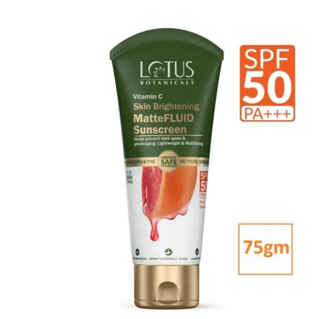 Lotus Botanicals Vitamin C Matte Fluid Sunscreen SPF 50 PA+++ | Sun Protection & Skin Brightening | For All Skin Types | 75g