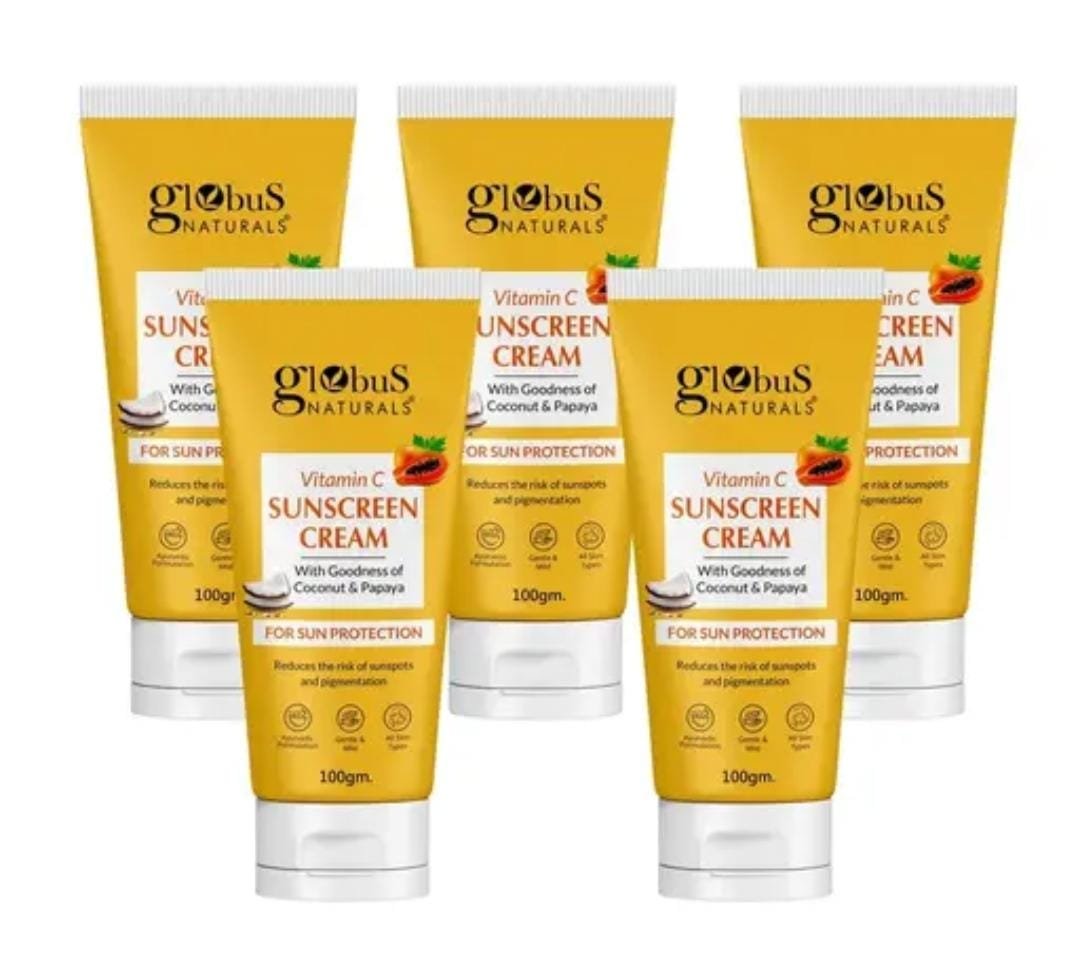 Globus Naturals Vitamin C Sunscreen Cream | With Coconut & Papaya | Sun Protection for All Skin Types | 100gm × 5 Pack