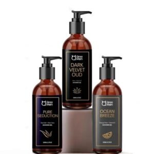 Qraa Men Luxurious Shower Gel Combo | Pack of 3 × 200ml | Dark Velvet Oud, Pure Seduction, Ocean Breeze | Enriched with Aloe Vera, Vitamin E & Vitamin C | Paraben-Free