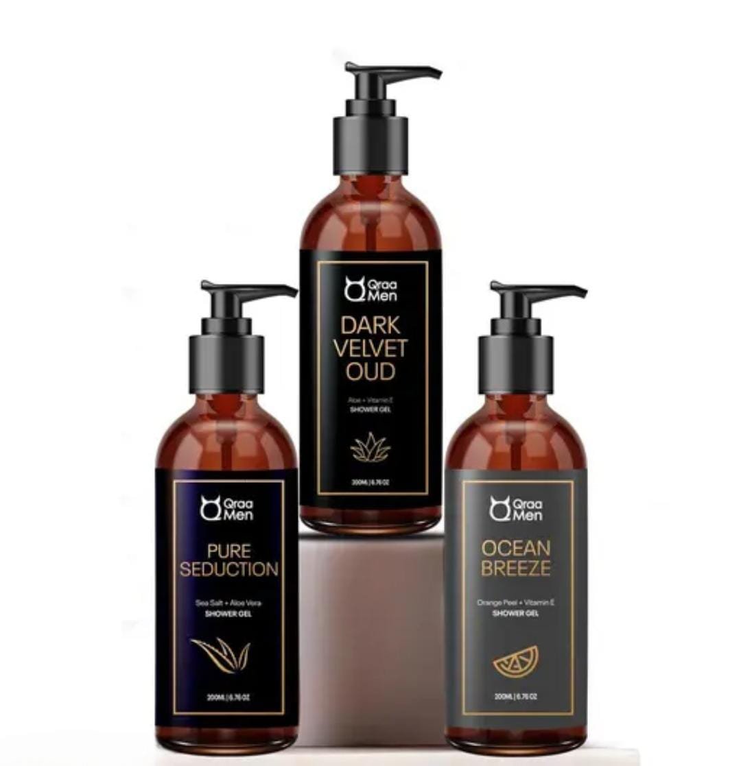 Qraa Men Luxurious Shower Gel Combo | Pack of 3 × 200ml | Dark Velvet Oud, Pure Seduction, Ocean Breeze | Enriched with Aloe Vera, Vitamin E & Vitamin C | Paraben-Free