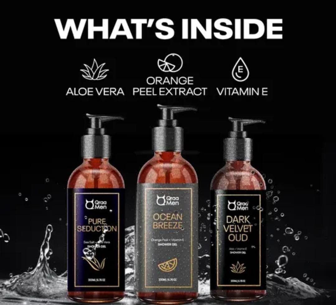 Qraa Men Luxurious Shower Gel Combo | Pack of 3 × 200ml | Dark Velvet Oud, Pure Seduction, Ocean Breeze | Enriched with Aloe Vera, Vitamin E & Vitamin C | Paraben-Free - Image 4