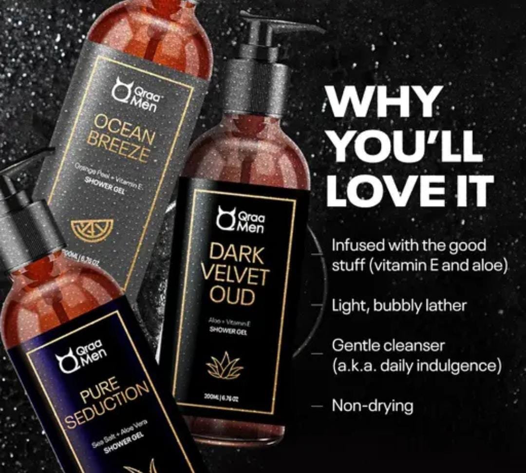 Qraa Men Luxurious Shower Gel Combo | Pack of 3 × 200ml | Dark Velvet Oud, Pure Seduction, Ocean Breeze | Enriched with Aloe Vera, Vitamin E & Vitamin C | Paraben-Free - Image 2