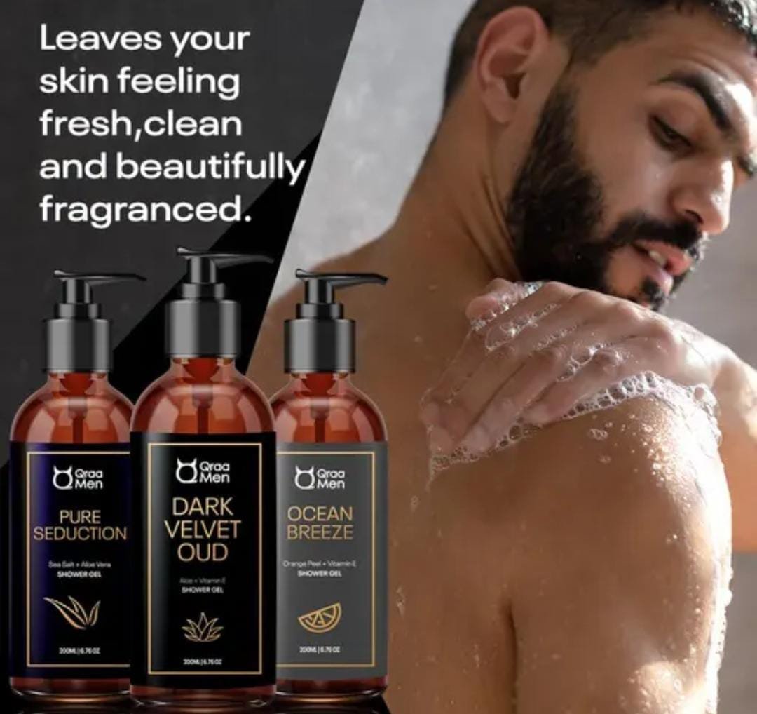 Qraa Men Luxurious Shower Gel Combo | Pack of 3 × 200ml | Dark Velvet Oud, Pure Seduction, Ocean Breeze | Enriched with Aloe Vera, Vitamin E & Vitamin C | Paraben-Free - Image 3