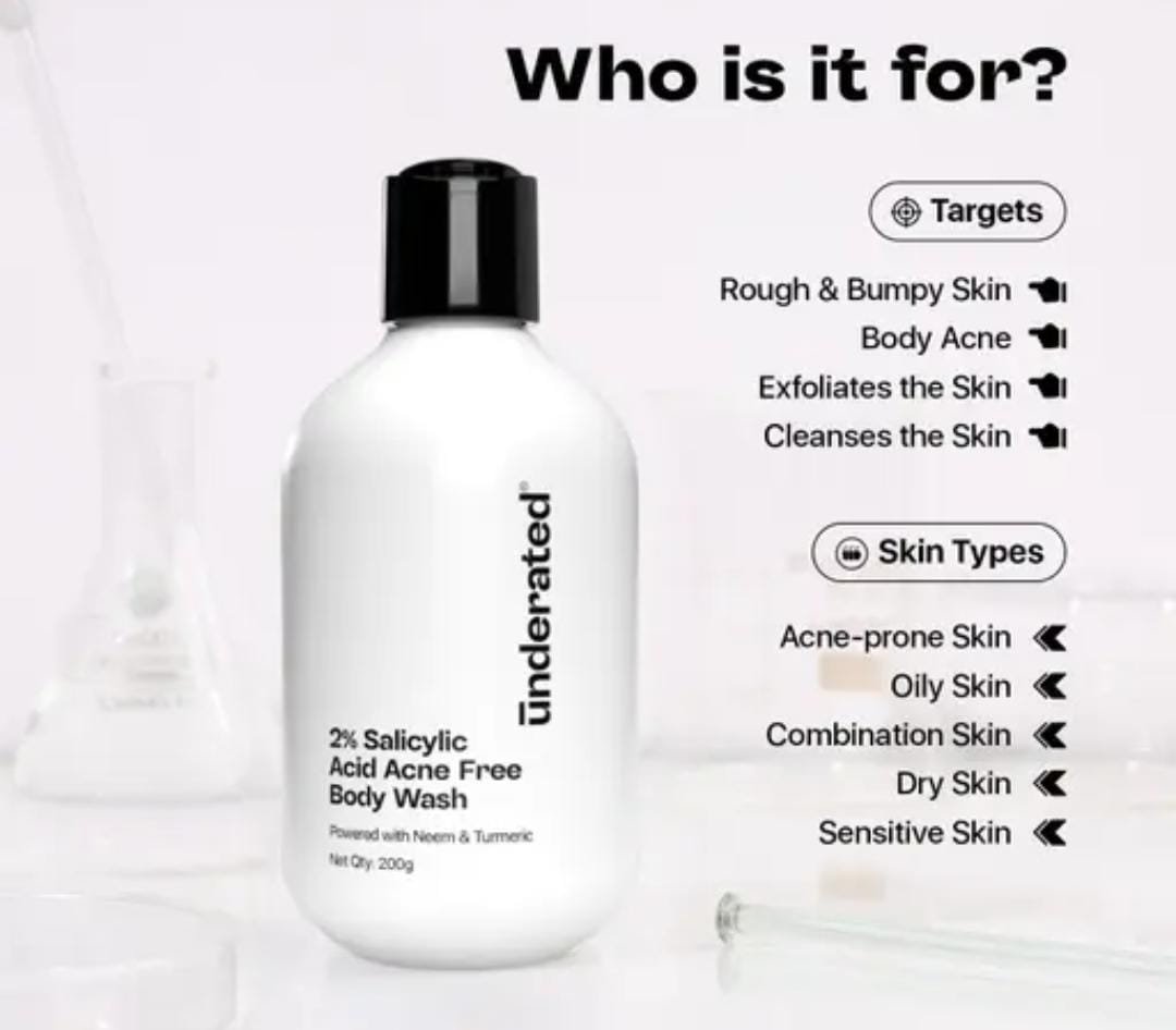 Underated Salicylic Acid 2% Acne-Free Body Wash | 200g | Powered with Neem & Turmeric - Image 4