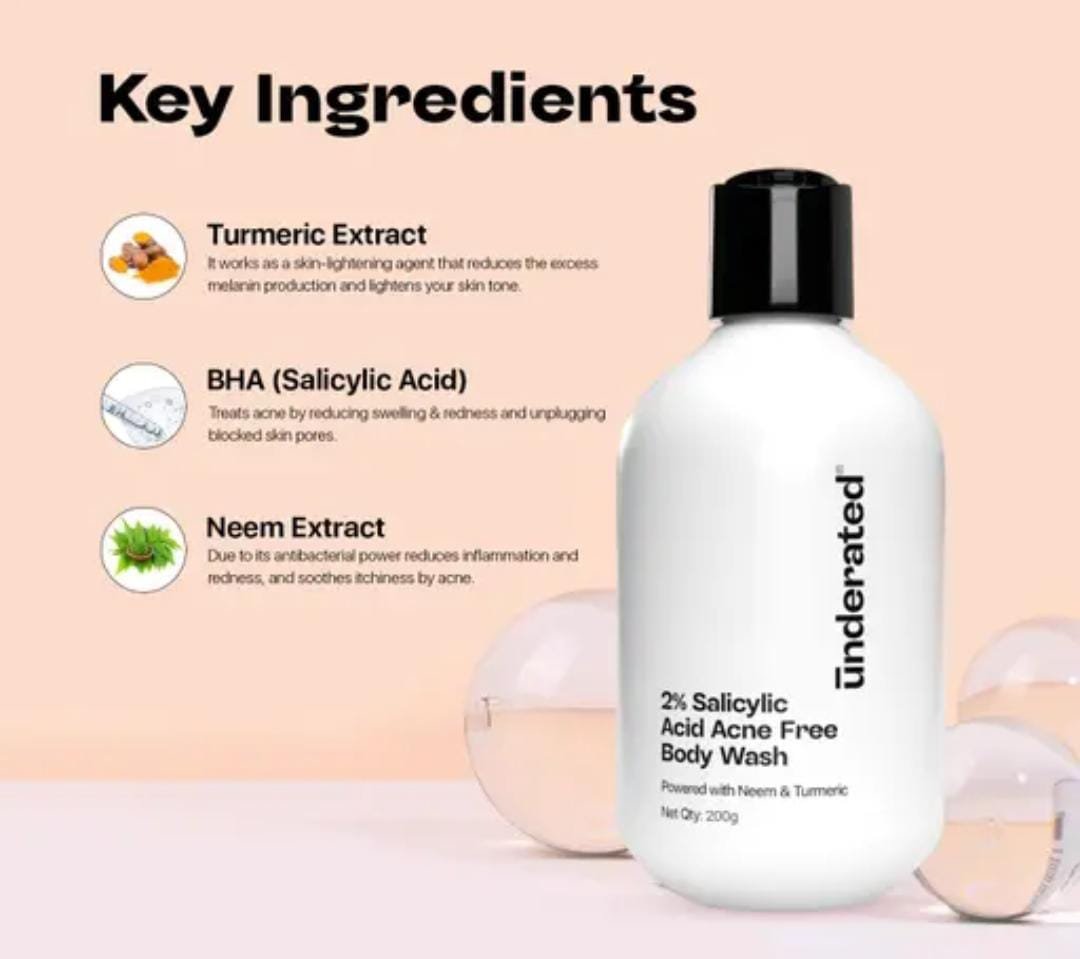 Underated Salicylic Acid 2% Acne-Free Body Wash | 200g | Powered with Neem & Turmeric - Image 2
