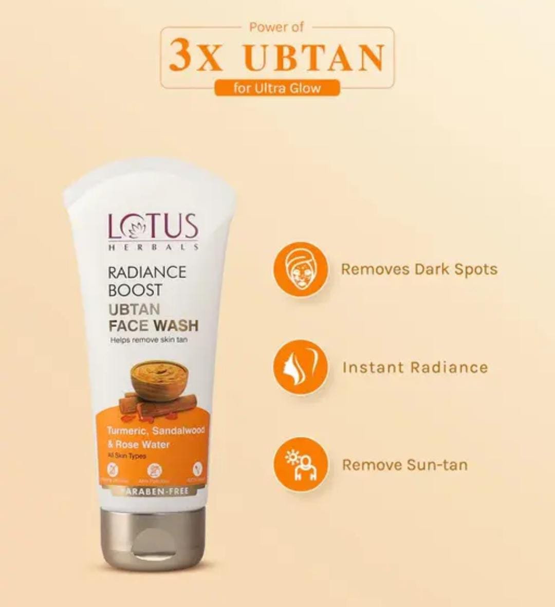 Lotus Herbals Radiance Boost Ubtan Face Wash | Pack of 2 × 50g | With Turmeric, Sandalwood & Rose Water | Glowing Skin & Dark Spot Reduction - Image 2