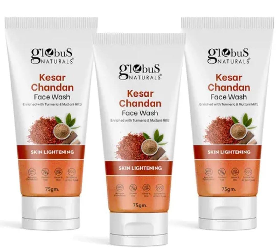Globus Naturals Kesar Chandan Skin Lightening & Tan Removal Face Wash | Pack of 3 × 75g | Ayurvedic Formula | For Natural Glow & Spotless Skin