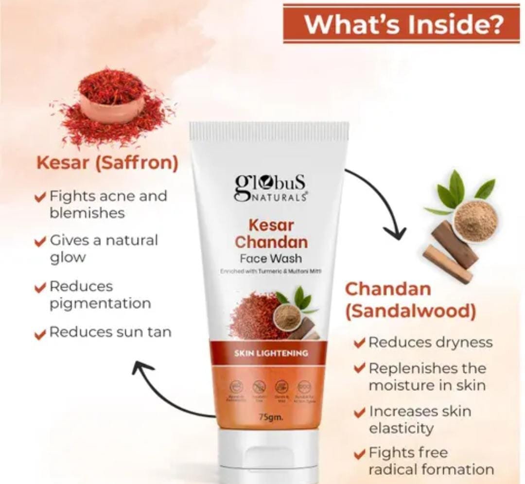 Globus Naturals Kesar Chandan Skin Lightening & Tan Removal Face Wash | Pack of 3 × 75g | Ayurvedic Formula | For Natural Glow & Spotless Skin - Image 2