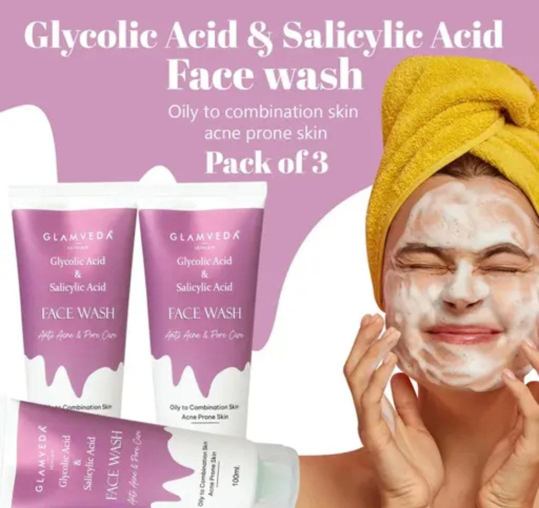 Glamveda Glycolic Acid & Salicylic Acid Anti-Acne Face Wash | Pack of 3 × 100ml | Paraben & SLS-Free | For Oily & Acne-Prone Skin
