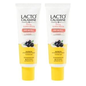 Lacto Calamine Dewy Sunscreen | Pack of 2 × 50g | SPF 50 PA+++ | Water-Resistant Broad Spectrum UVA & UVB Protection | Primer-Infused with Acai Berries, Niacinamide & Watermelon