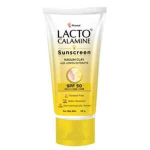 Lacto Calamine Sunscreen | SPF 50 PA+++ | 50g | For Oily Skin | Broad Spectrum UVA & UVB Protection | Water-Resistant, No White Cast | With Kaolin Clay, Vitamin E & Lemon Extracts