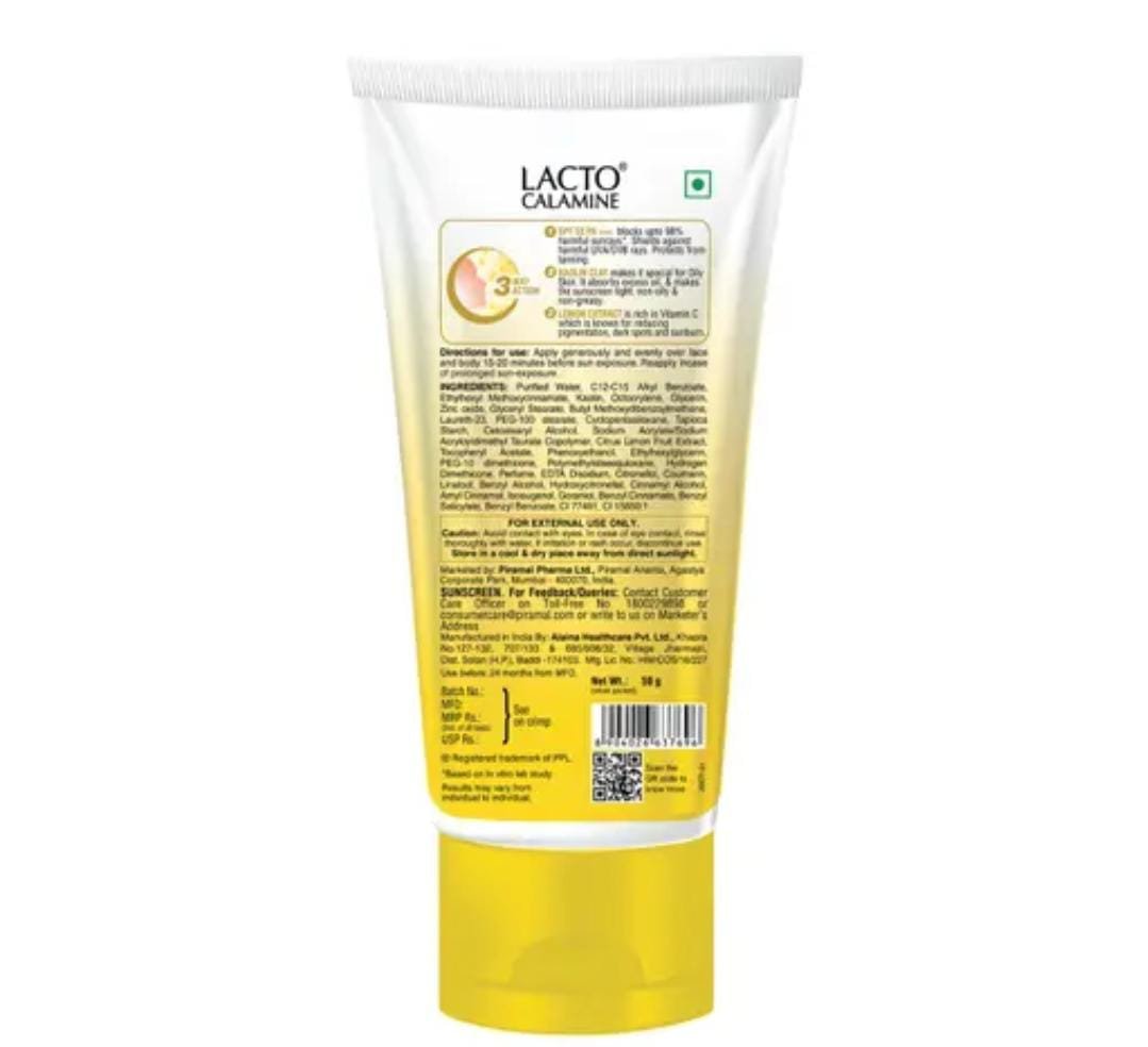 Lacto Calamine Sunscreen | SPF 50 PA+++ | 50g | For Oily Skin | Broad Spectrum UVA & UVB Protection | Water-Resistant, No White Cast | With Kaolin Clay, Vitamin E & Lemon Extracts - Image 2