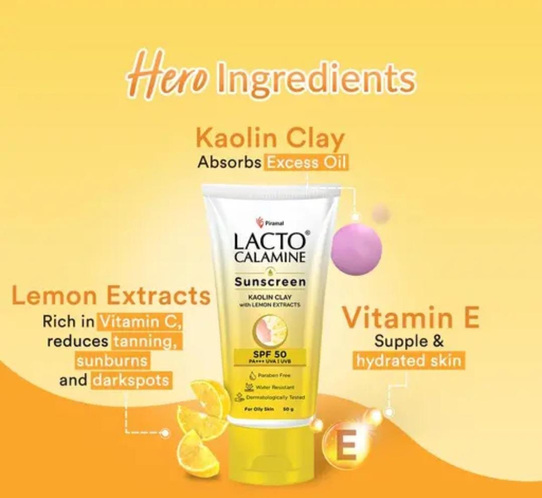 Lacto Calamine Sunscreen | SPF 50 PA+++ | 50g | For Oily Skin | Broad Spectrum UVA & UVB Protection | Water-Resistant, No White Cast | With Kaolin Clay, Vitamin E & Lemon Extracts - Image 3