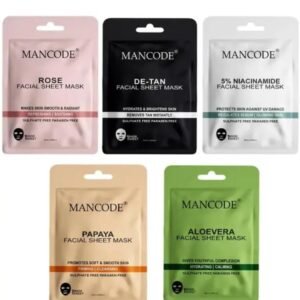 Mancode Facial Sheet Mask Combo | Pack of 5 × 25g | Rose, De-Tan, 5% Niacinamide, Papaya & Aloe Vera | Daily Glow & Hydration | Korean Formula for All Skin Types