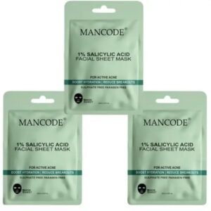 Mancode 1% Salicylic Acid Facial Sheet Mask | Pack of 3 × 25g | Daily Glow for Men & Women | Hydrating, Exfoliating & Breakout Control | Korean Formula for All Skin Types