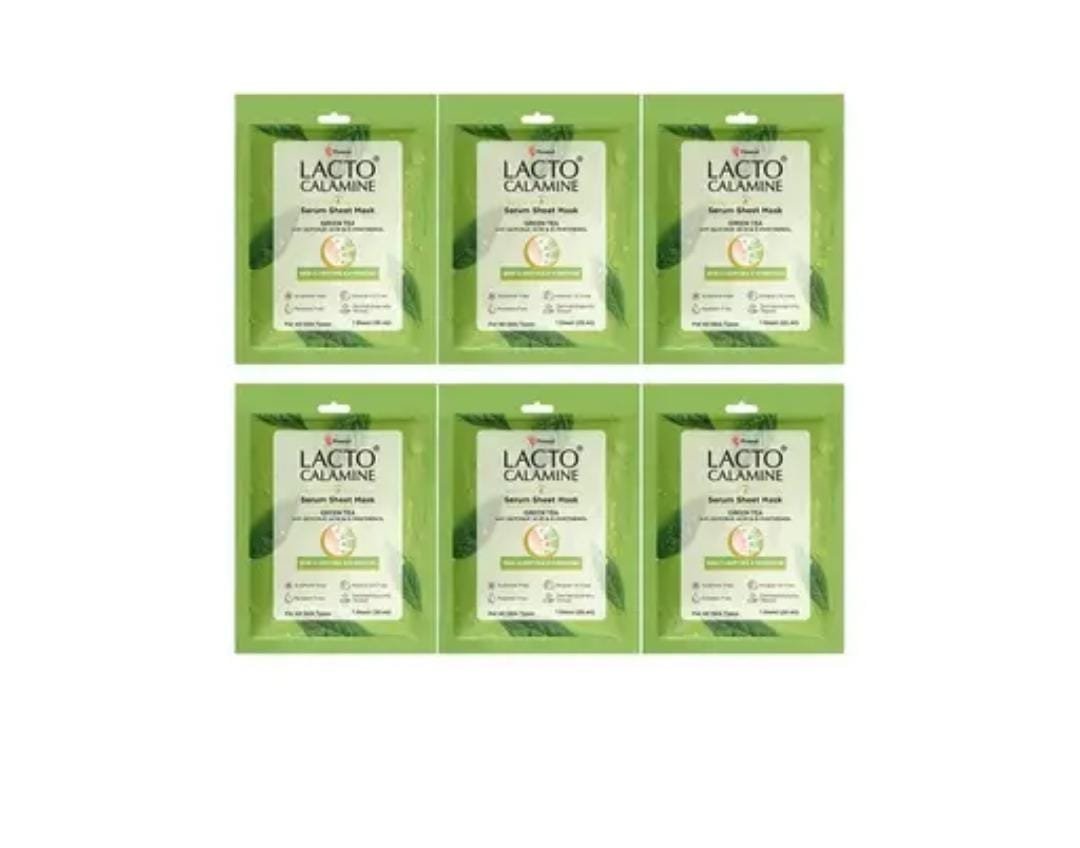 Lacto Calamine Green Tea Face Sheet Mask | Pack of 6 × 30g | Instant Hydration with Glycolic Acid & D-Panthenol | For Men & Women