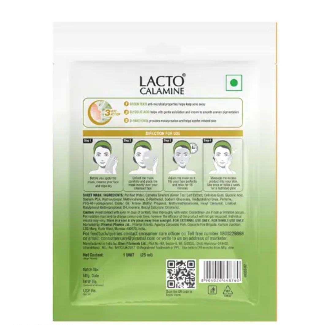 Lacto Calamine Green Tea Face Sheet Mask | Pack of 6 × 30g | Instant Hydration with Glycolic Acid & D-Panthenol | For Men & Women - Image 2