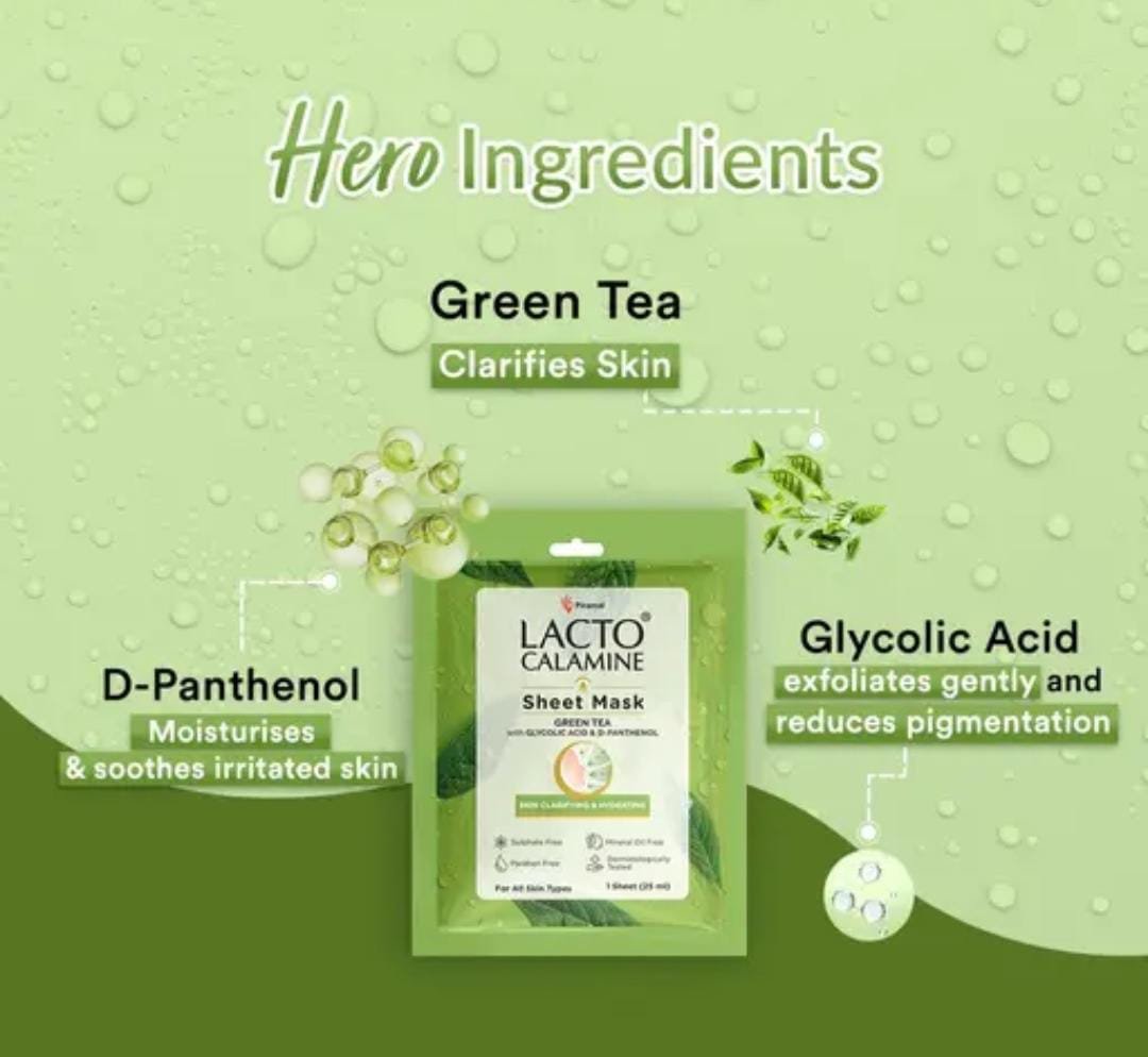 Lacto Calamine Green Tea Face Sheet Mask | Pack of 6 × 30g | Instant Hydration with Glycolic Acid & D-Panthenol | For Men & Women - Image 3
