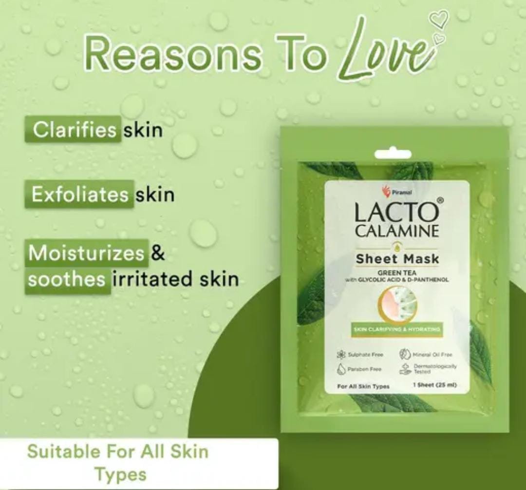 Lacto Calamine Green Tea Face Sheet Mask | Pack of 6 × 30g | Instant Hydration with Glycolic Acid & D-Panthenol | For Men & Women - Image 4