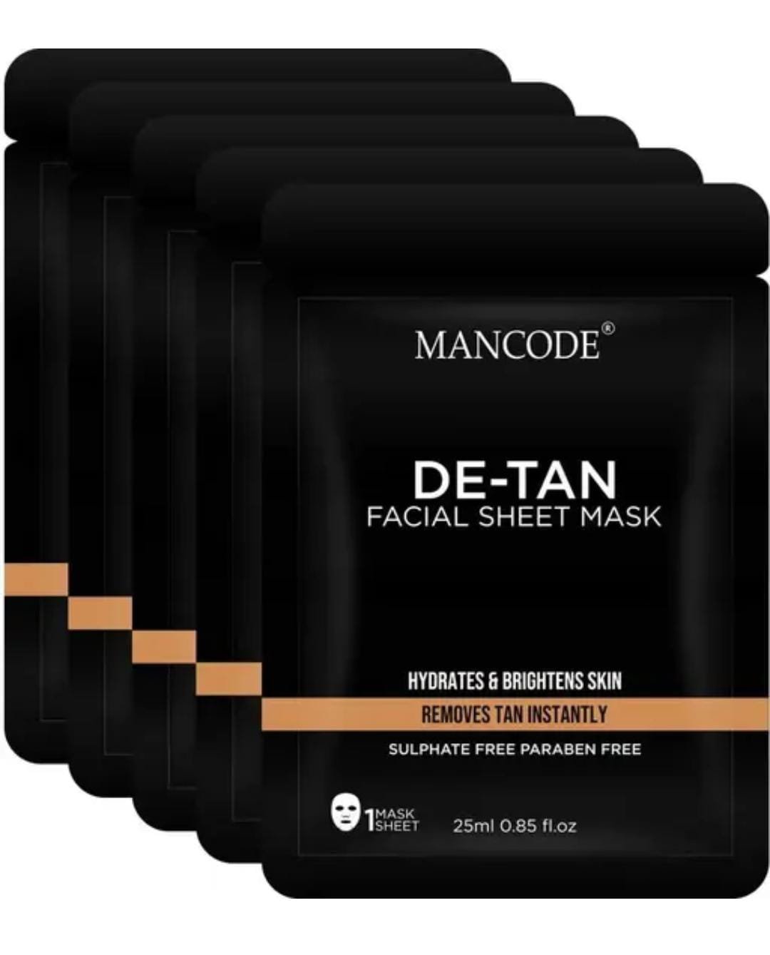 Mancode De-Tan Facial Sheet Mask Combo | Pack of 5 × 25g | Deep Cleansing & Brightening Skincare for Men | Korean Formula