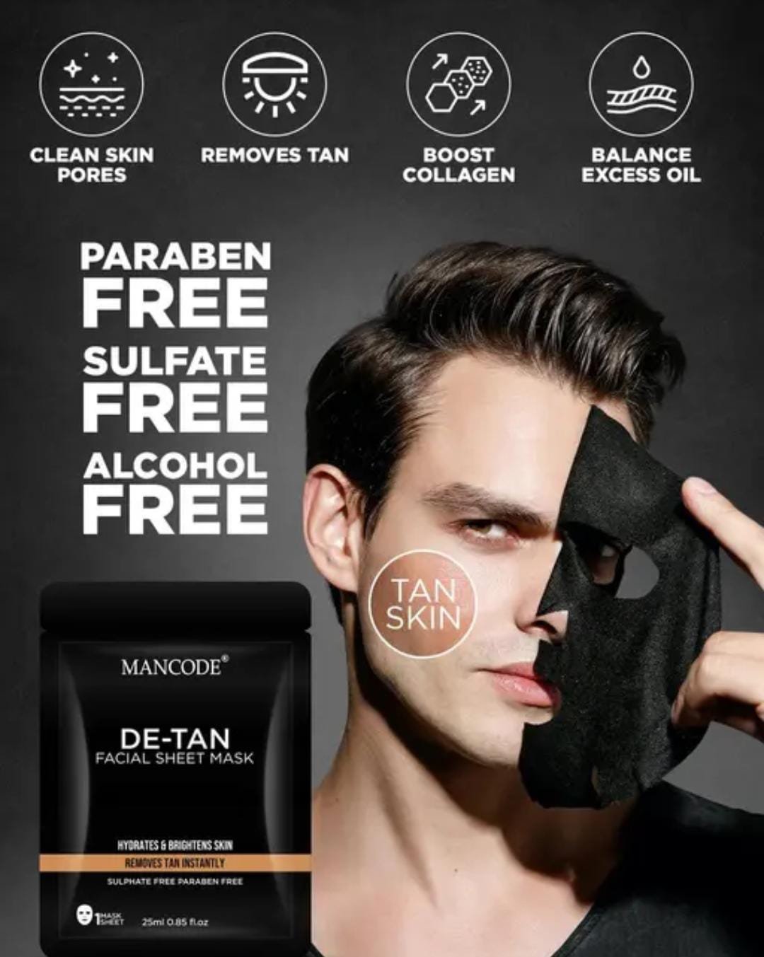Mancode De-Tan Facial Sheet Mask Combo | Pack of 5 × 25g | Deep Cleansing & Brightening Skincare for Men | Korean Formula - Image 3