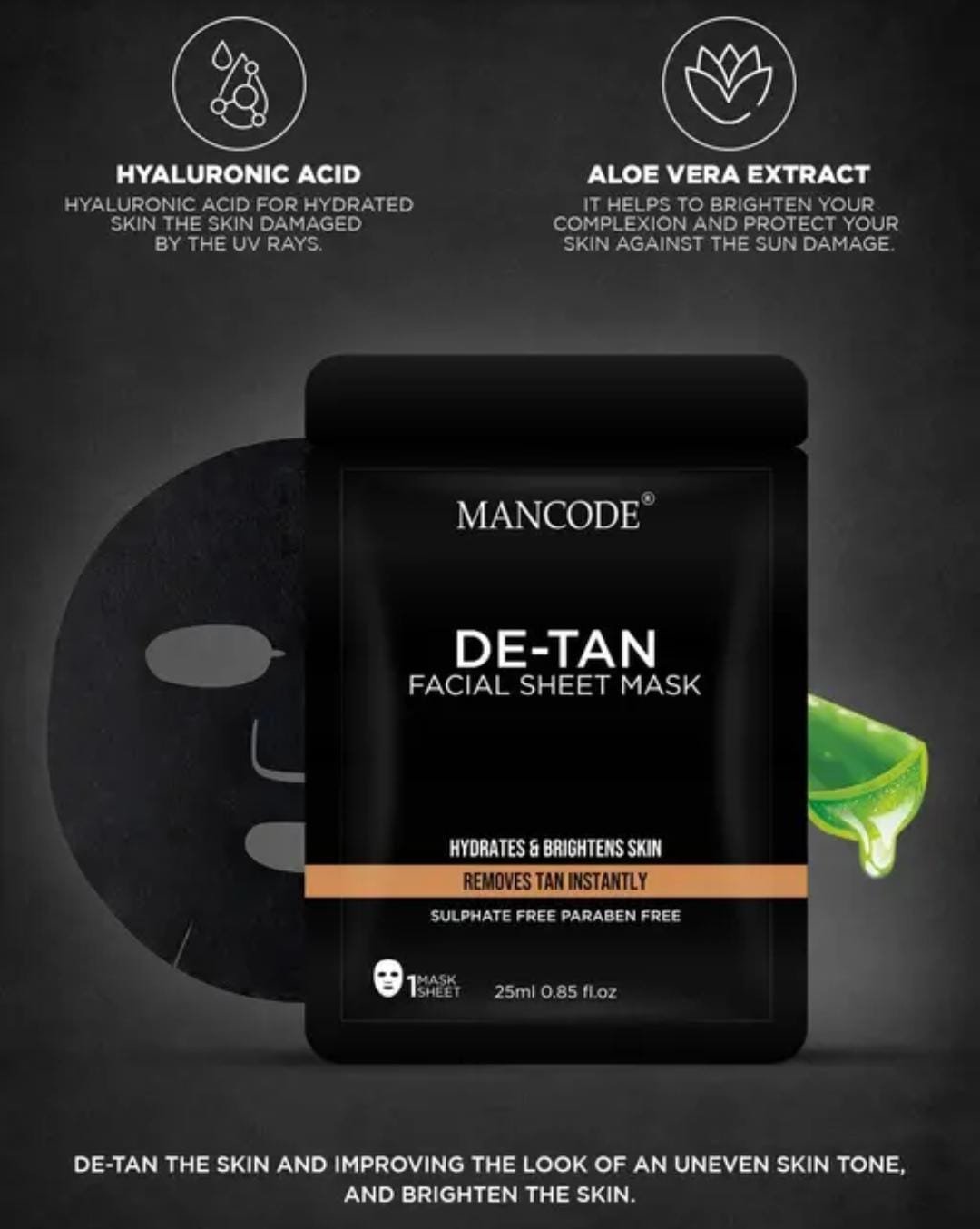 Mancode De-Tan Facial Sheet Mask Combo | Pack of 5 × 25g | Deep Cleansing & Brightening Skincare for Men | Korean Formula - Image 2