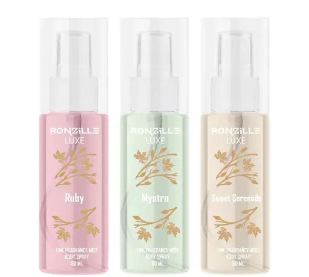 Ronzille Luxe Fine Fragrance Mist Body Spray Combo | Pack of 3 × 60ml | Mystara, Sweet Serenade & Ruby | Long-Lasting Scents for Women