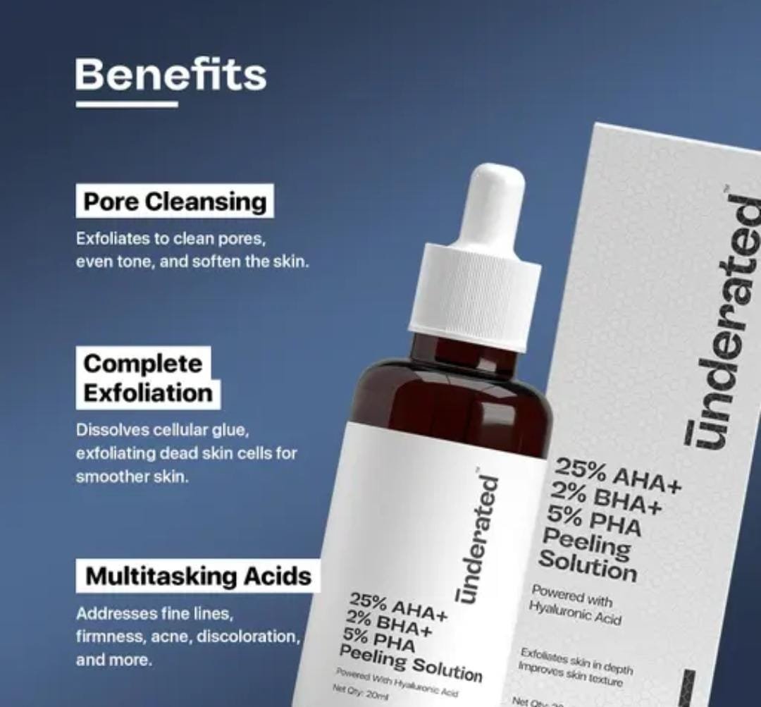 Underrated 25% AHA + 2% BHA + 5% PHA Peeling Solution | Exfoliating & Brightening | For Pigmentation, Acne Marks & Uneven Texture | For Men & Women | 20g - Image 2