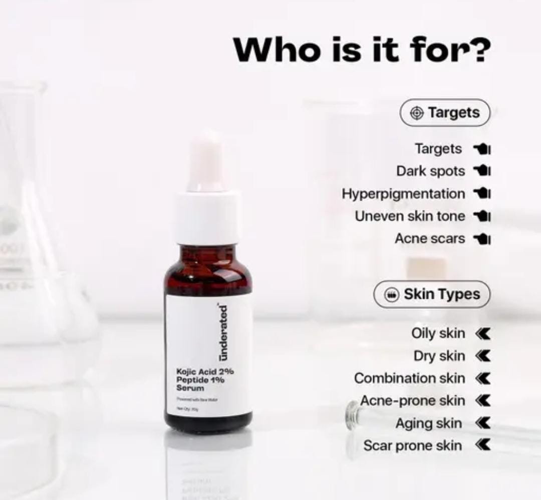 Underrated Kojic Acid 2% + Peptide 1% Serum | Brightening & Spot Correction | With Rice Water Extract | Treats Pigmentation & Acne Scars | For All Skin Types | 30g - Image 2