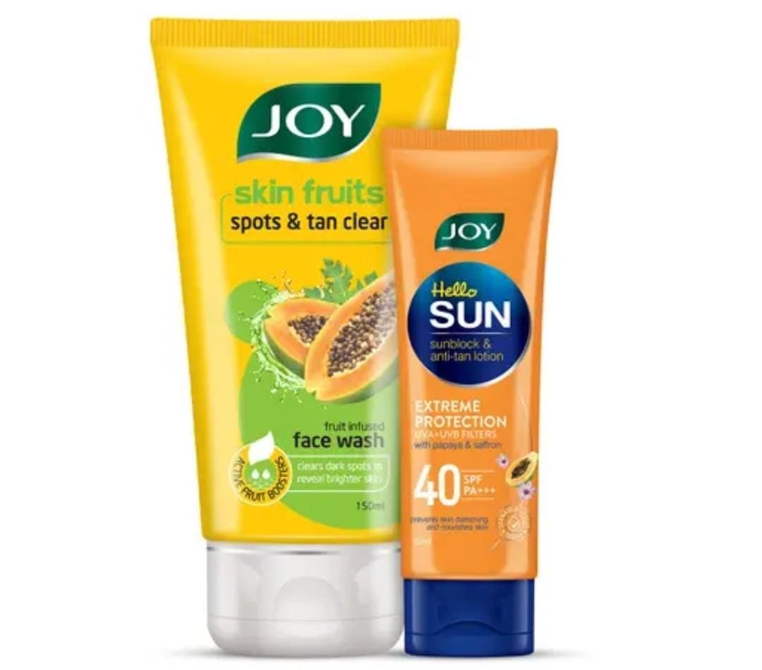 Joy Skin Fruits Spot & Tan Clear Papaya Face Wash (150ml) + Joy Hello Sun Extreme Protection SPF 40 PA+++ Sunscreen (60ml) Combo | Brightening, Tan Removal & Sun Protection | For Men & Women | All Skin Types