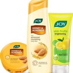 Joy Honey & Almonds Advanced Nourishing Body Lotion with Wheatgerm Oil & Natural Sunscreen (300ml) + Joy Honey & Almonds Nourishing Skin Cream with Wheatgerm Oil & Natural Sunscreen (200ml) + Joy Skin Fruits Brightening Lemon Face Wash (100ml) Combo | Deep Nourishment, Protection & Radiance | For Men & Women | All Skin Types