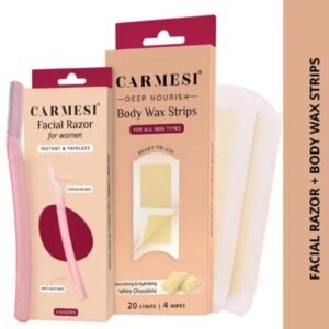 Carmesi Face Razor (Pack of 3) + Carmesi Deep Nourish Body Wax Strips (20 Strips) + 4 Post-Wax Wipes | Smooth & Painless Hair Removal Combo for Women