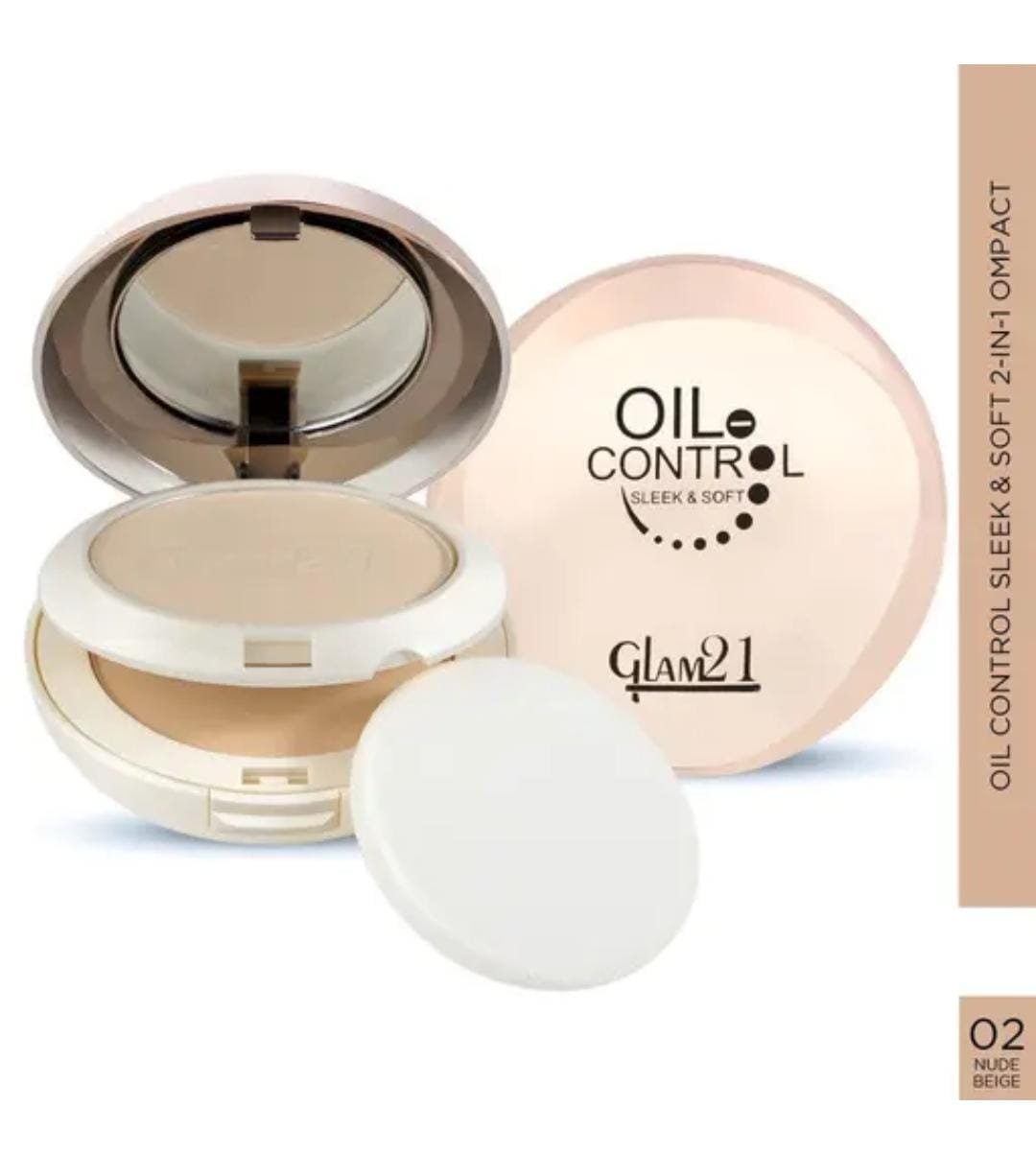 Glam21 Oil Control Sleek & Soft 2-in-1 Compact Powder | Nude Beige 02 | 20g | Sweat & Waterproof | Long-Lasting Makeup with Vitamin E & C