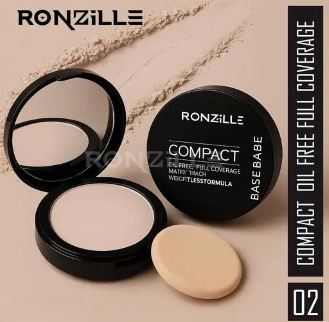 Ronzille BaseBabe Compact Powder | Shade 02 | Oil-Free + Full Coverage | Hyaluronic Acid | Matte Finish