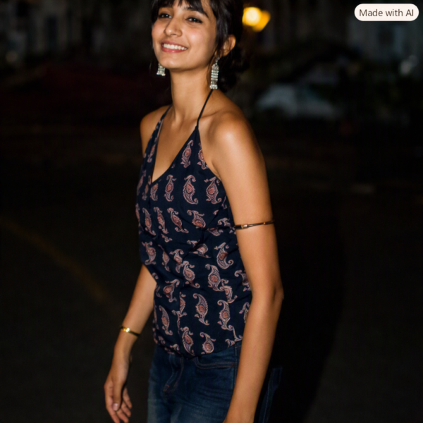Women Dark Blue Sleeveless Short Kurti Backless