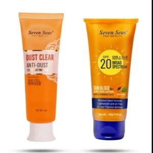 Seven Seas Dust Clear Anti-Dust Exfoliating Face Gel (45g) + Seven Seas Sunscreen SPF 20 PA++ Anti-Tan Lotion with Vitamin C & E, UVA/UVB Protection (50g) | Pack of 2 Combo